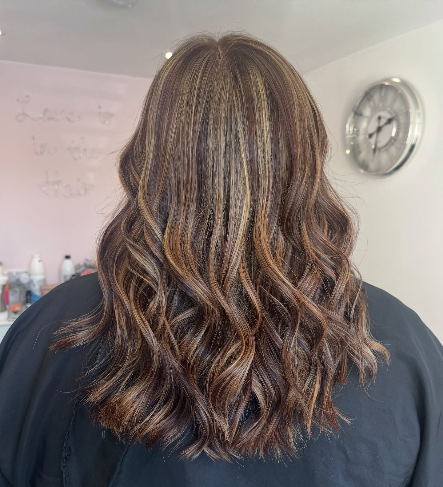 Glossy brunette hair with caramel ribbons